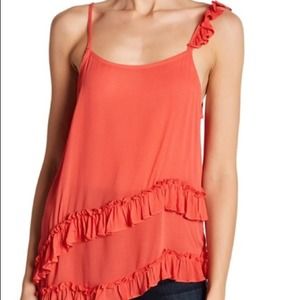 Ro & De Top Coral Asymmetrical Ruffle Tank Top